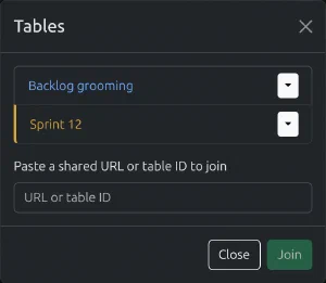 The Tables screen