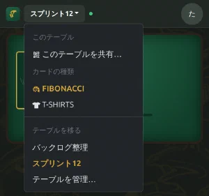 テーブルのメニュー